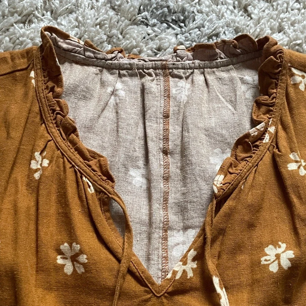 Floral Linen Blend Sleeveless Ruffle Mini Dress Tobacco Brown‎ Women Small